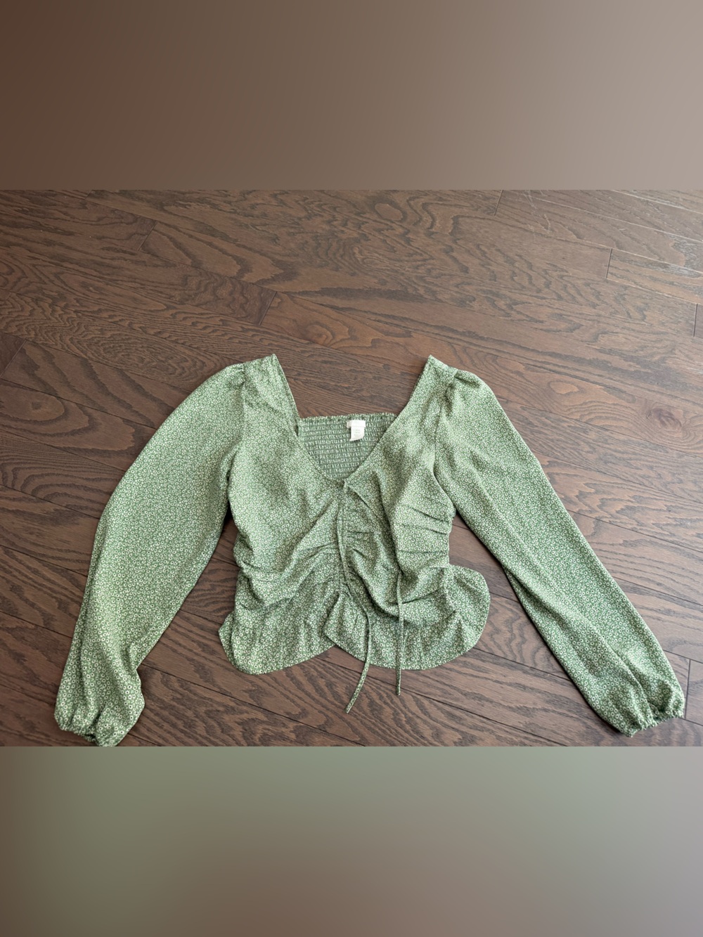 H&M Green Floral Puff Sleeve Crop Top shirt blouse Sz medium